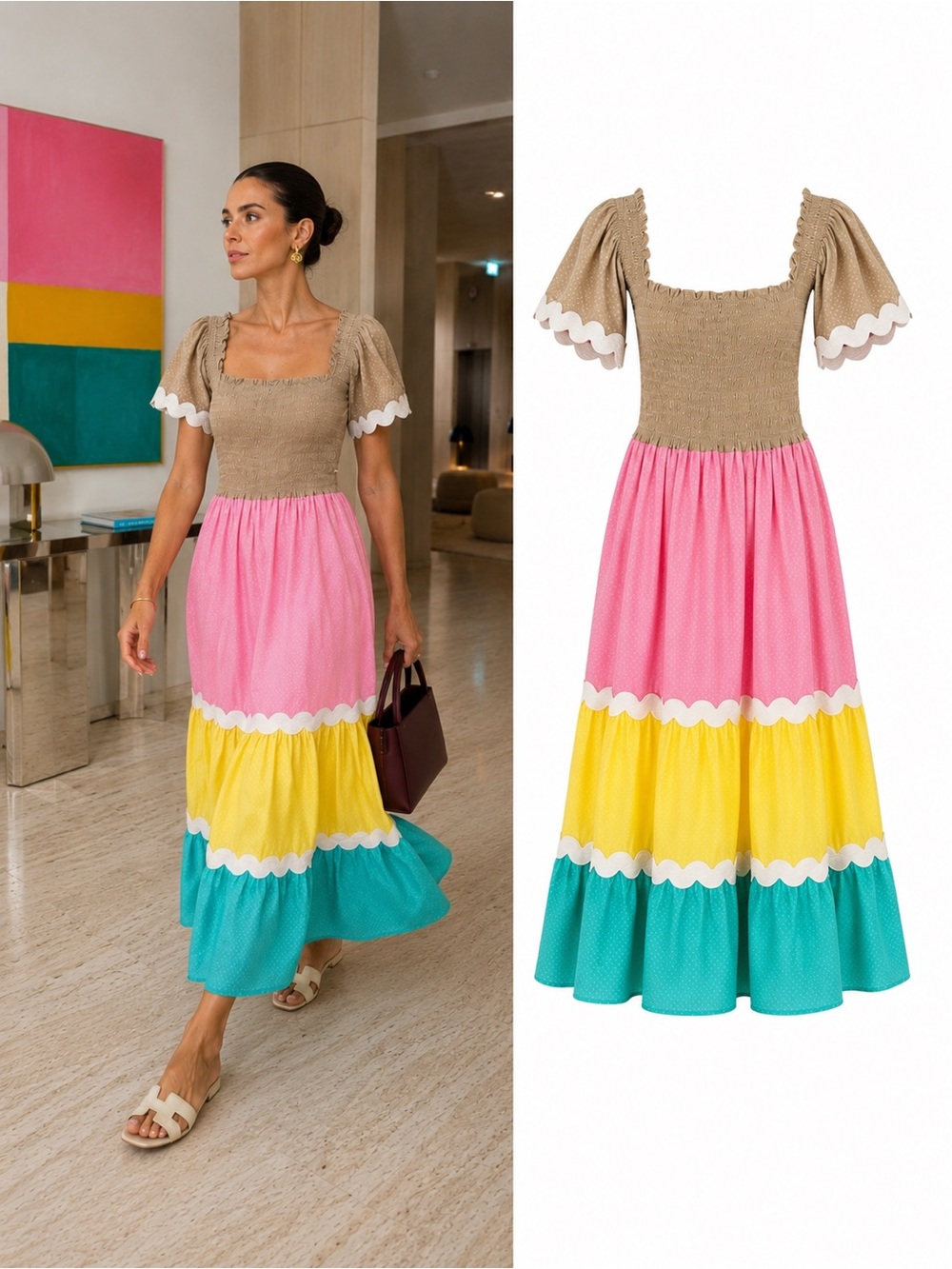Bardoh Colorblock Ric Rac Smocked Cotton Maxi Dress Medium